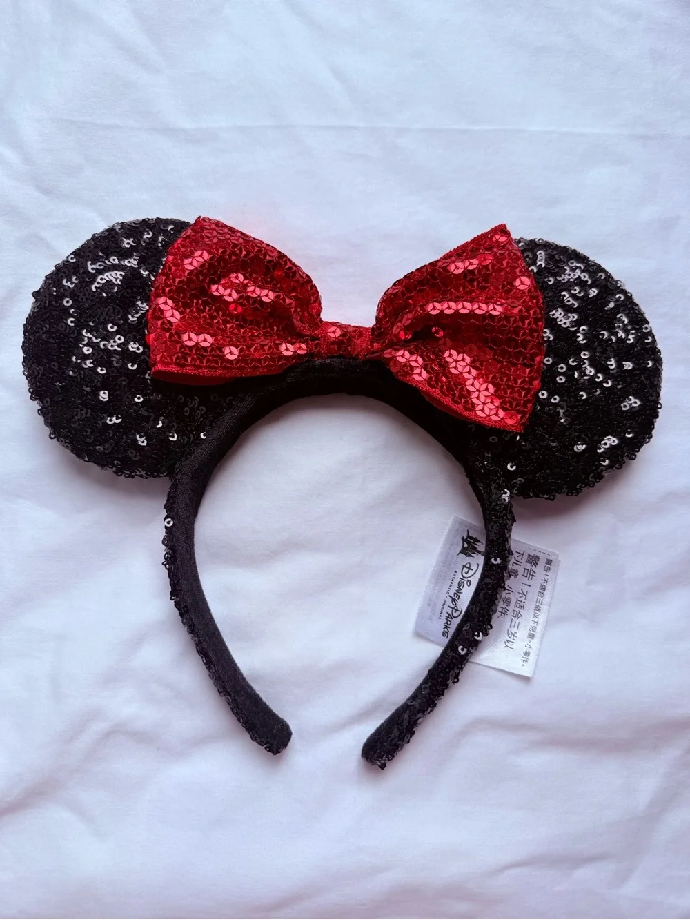 Disney Parks Minnie Mouse Black Sequin Ears Headband Red Bow